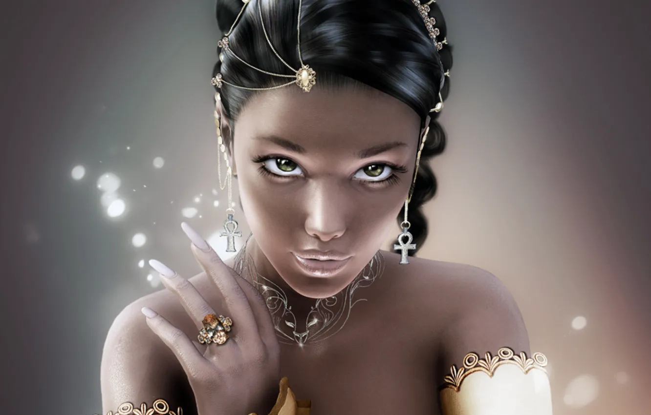 Photo wallpaper look, girl, decoration, face, hair, hand, earrings, ring, nails, green eyes, TIC