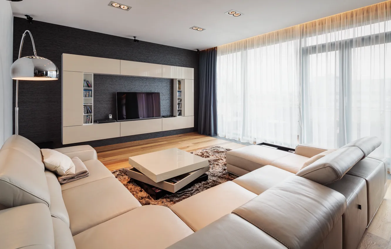 Photo wallpaper sofa, TV, window, table, living room, tulle.