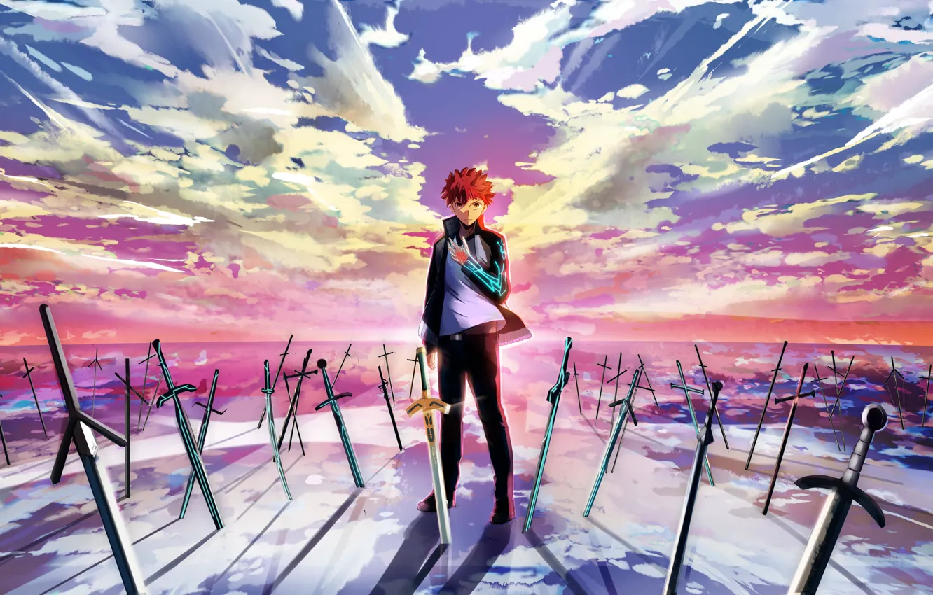 Wallpaper The Sky Clouds Sunset Weapons Anime Art Guy