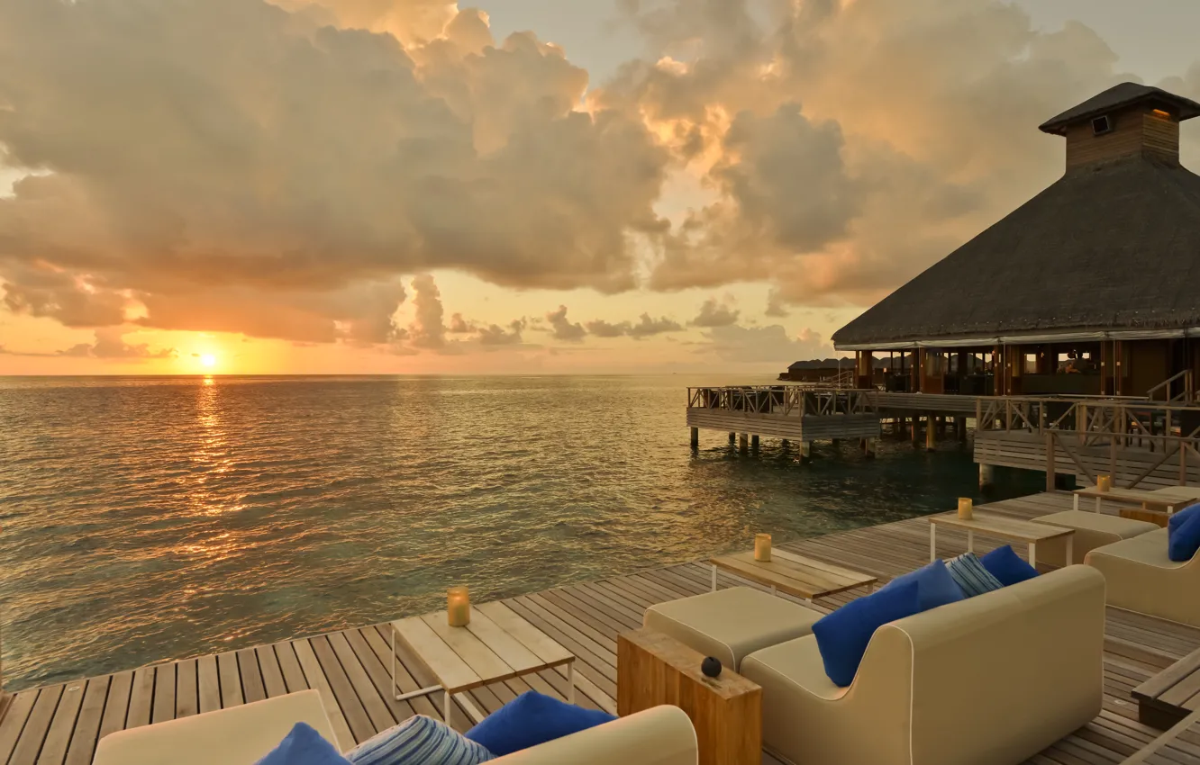 Photo wallpaper sunset, the ocean, the evening, The Maldives, resort