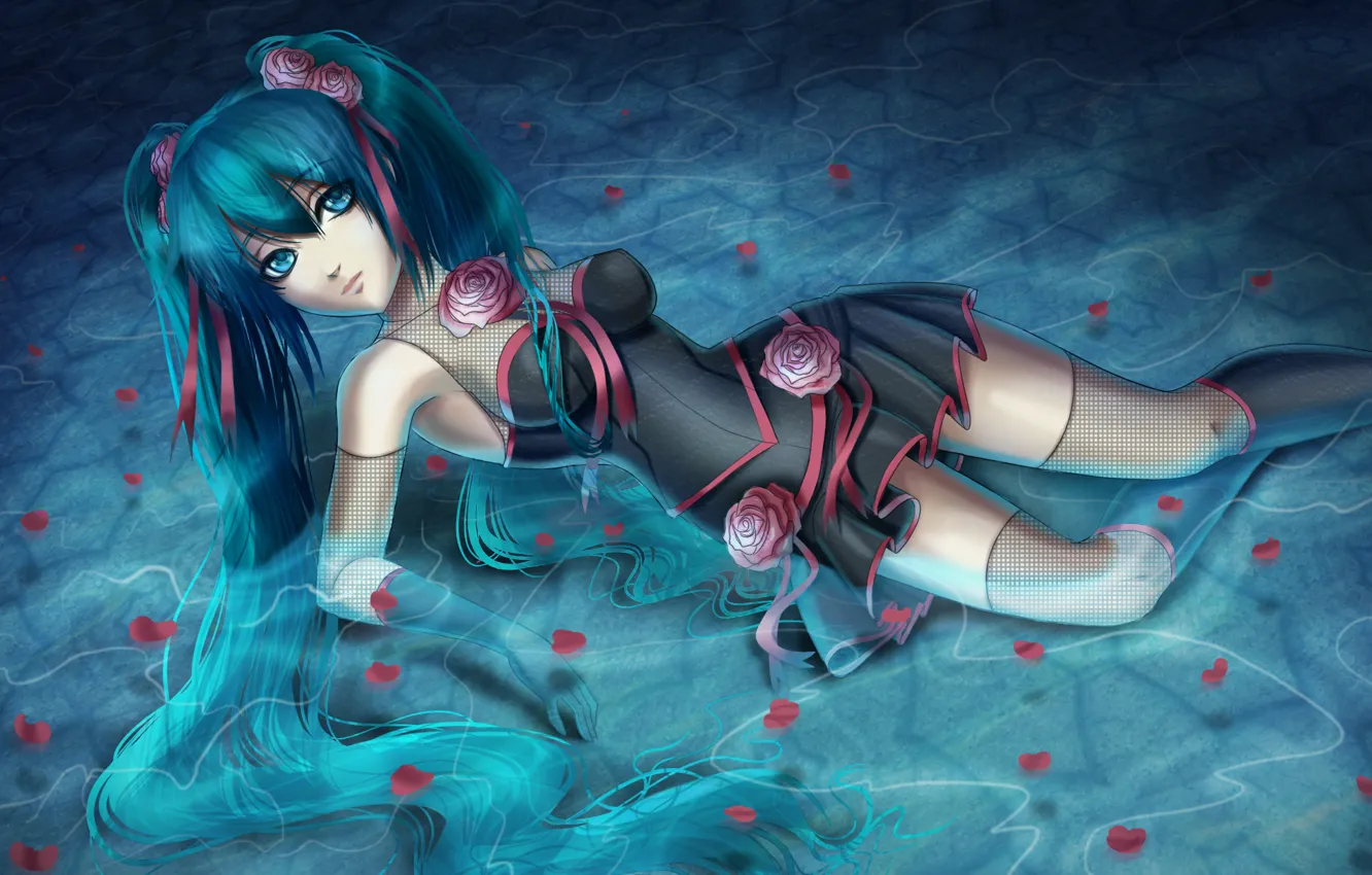 Photo wallpaper water, girl, flowers, roses, petals, art, vocaloid, Hatsune Miku, lying