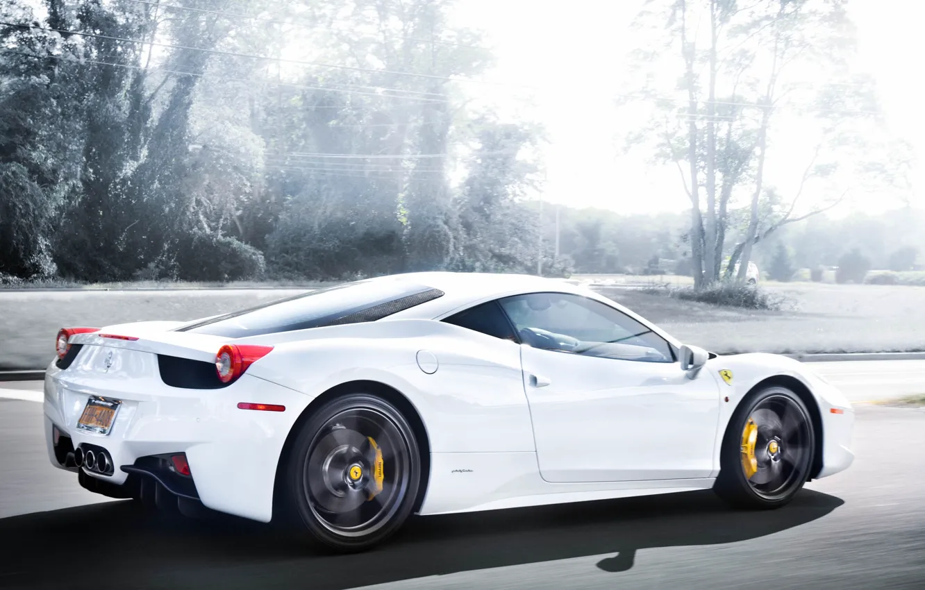 Photo wallpaper road, white, trees, speed, white, ferrari, Ferrari, rear view, road, Italy, 458 italia