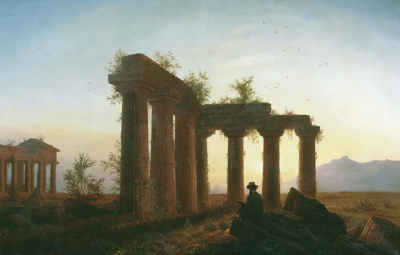 Photo wallpaper people, The ruins, painting, sunset, Greek temple