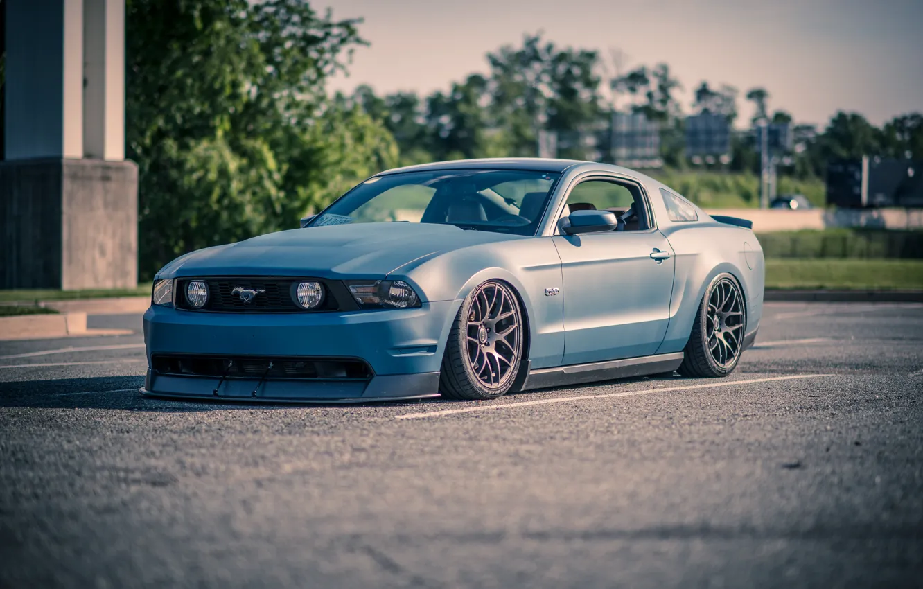 Photo wallpaper Mustang, Ford, Road, drives, blue, side