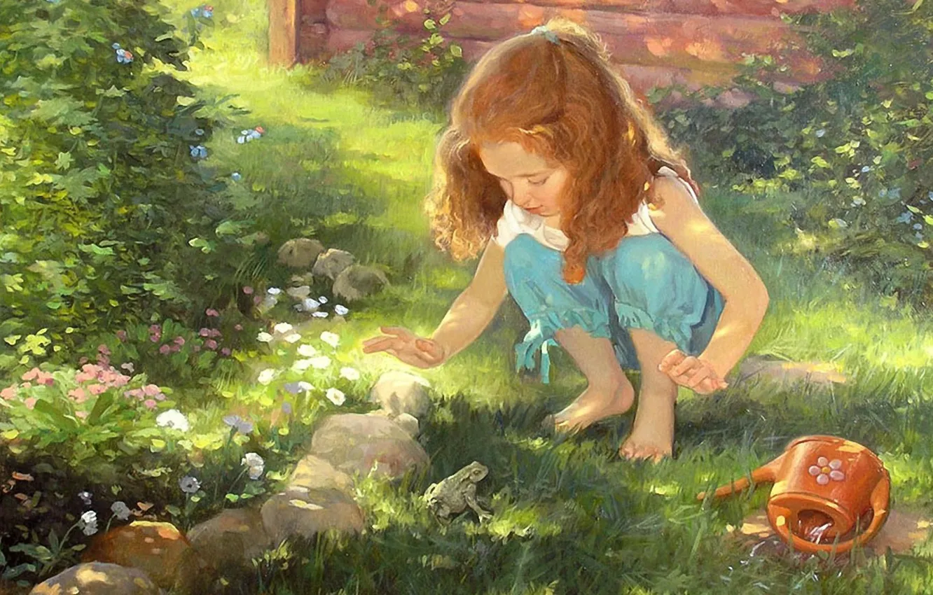 Photo wallpaper summer, grass, frog, lake, flowers, squat, in the garden, redhead girl