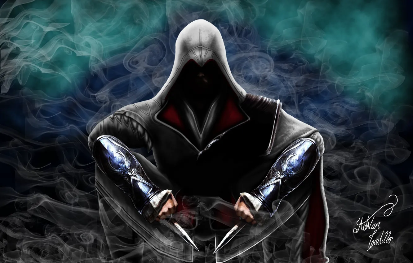 Photo wallpaper smoke, knives, Assassin, killer, Assassin's Creed, Assassin's Creed Brotherhood, video game, Assassin