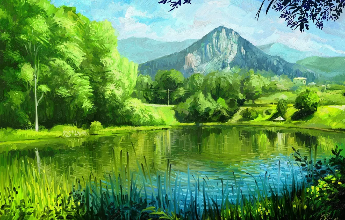 Photo wallpaper summer, grass, trees, mountains, nature, lake, art, painting, green