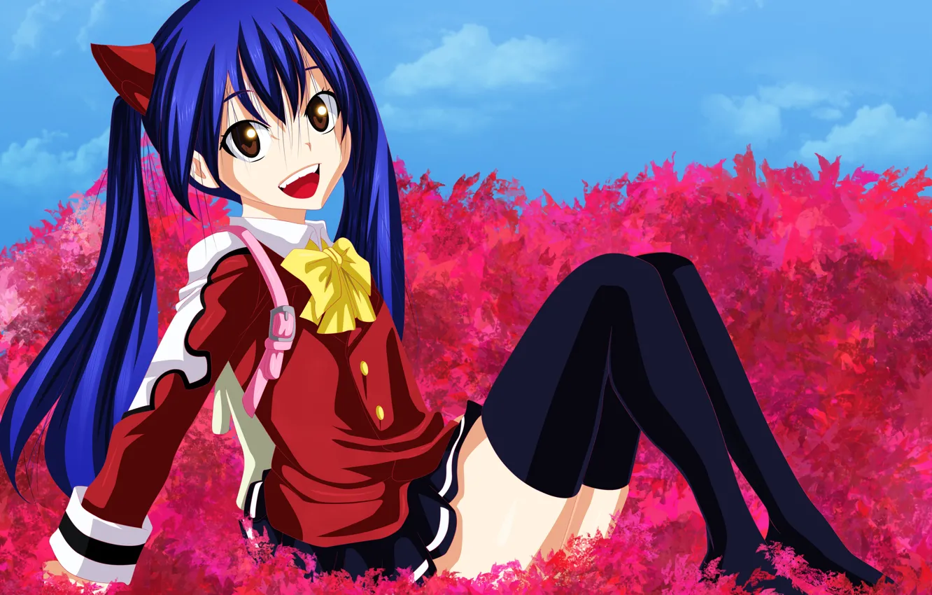 Photo wallpaper the sky, look, leaves, girl, clouds, smile, feet, stockings, sitting, anime, art, fairy tail, wendy …