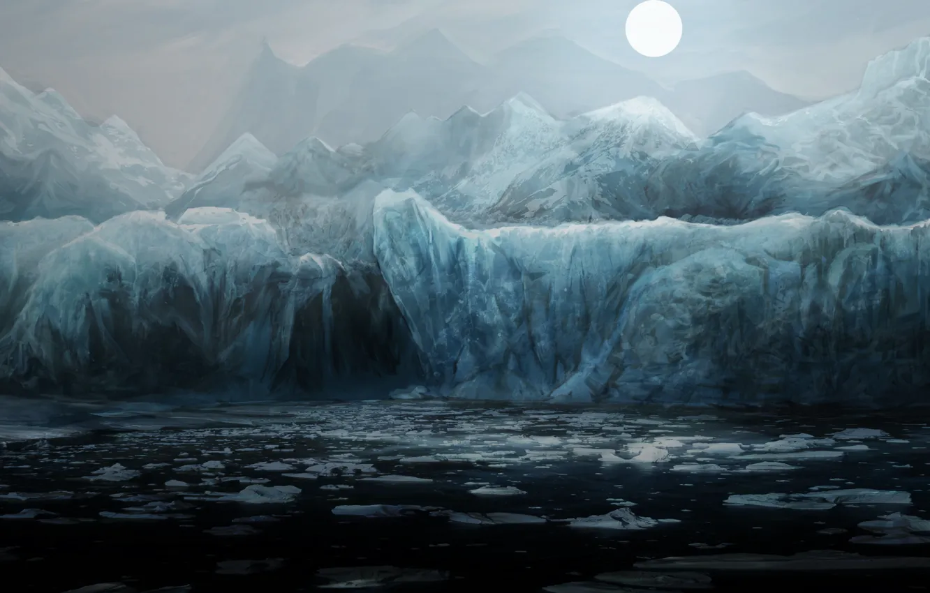 Wallpaper cold, sea, water, mountains, night, the ocean, the moon, ice, art,  ice images for desktop, section живопись - download