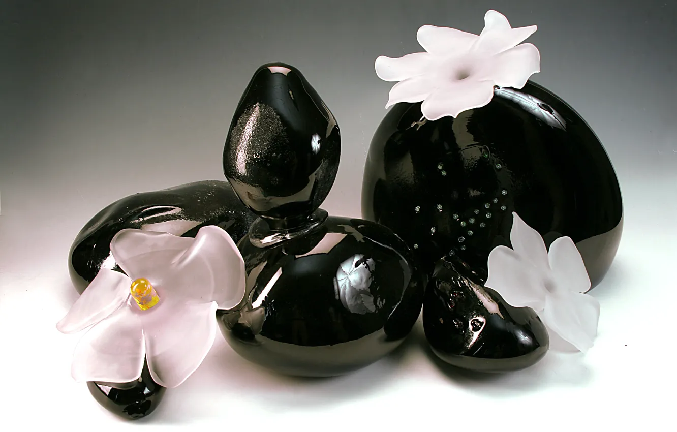 Photo wallpaper glass, flowers, crystal, black stones, Gus ' -Khrustal'nyy, decorative composed