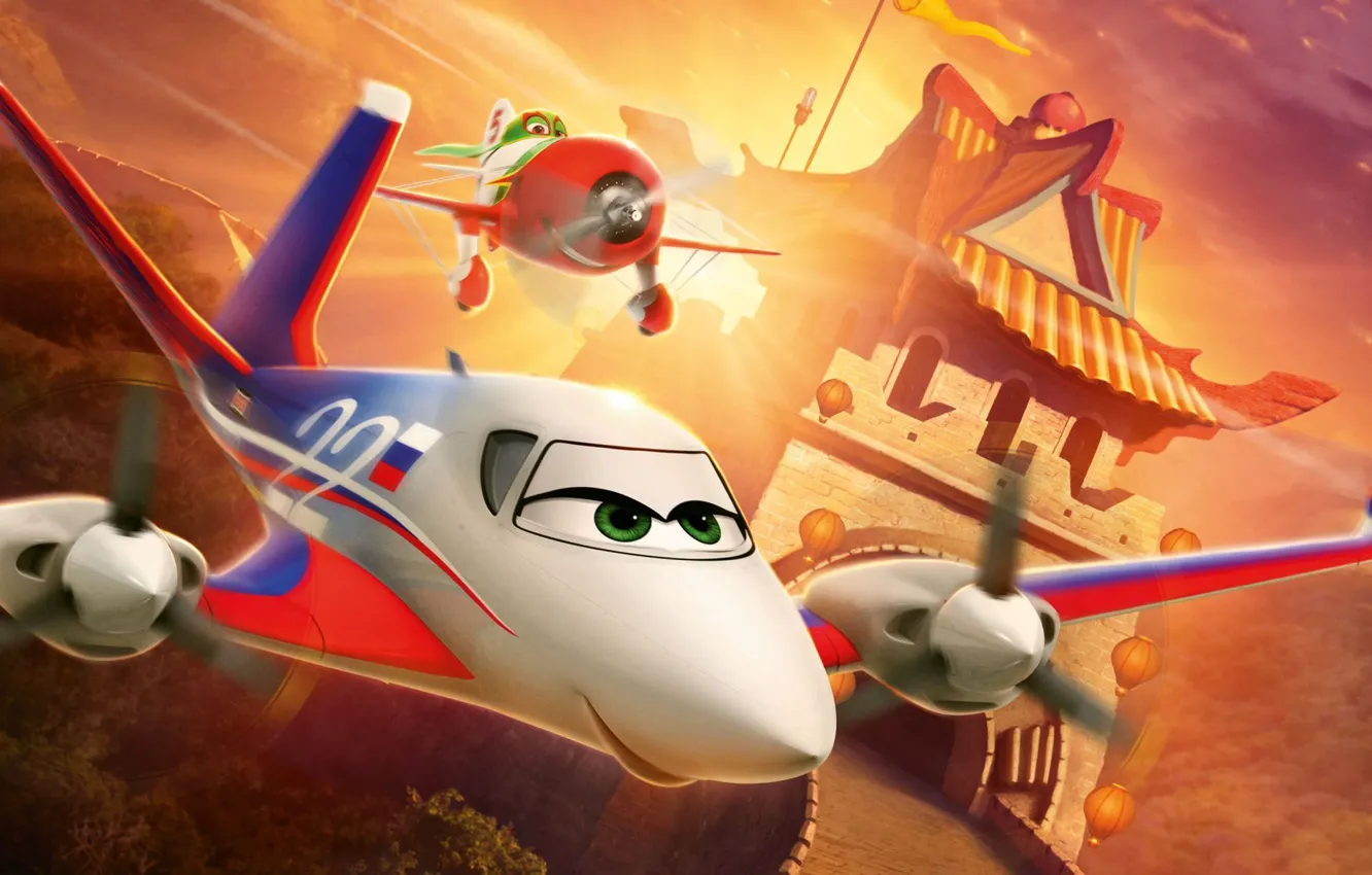 Wallpaper China, animation, Disney, green eyes, rally, trees, aircraft,  International, eyes, wings, race, cartoon, Championship, Walt Disney, mask,  action images for desktop, section фильмы - download