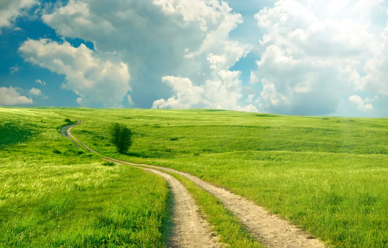 Photo wallpaper road, greens, field, summer, the sky, grass, clouds