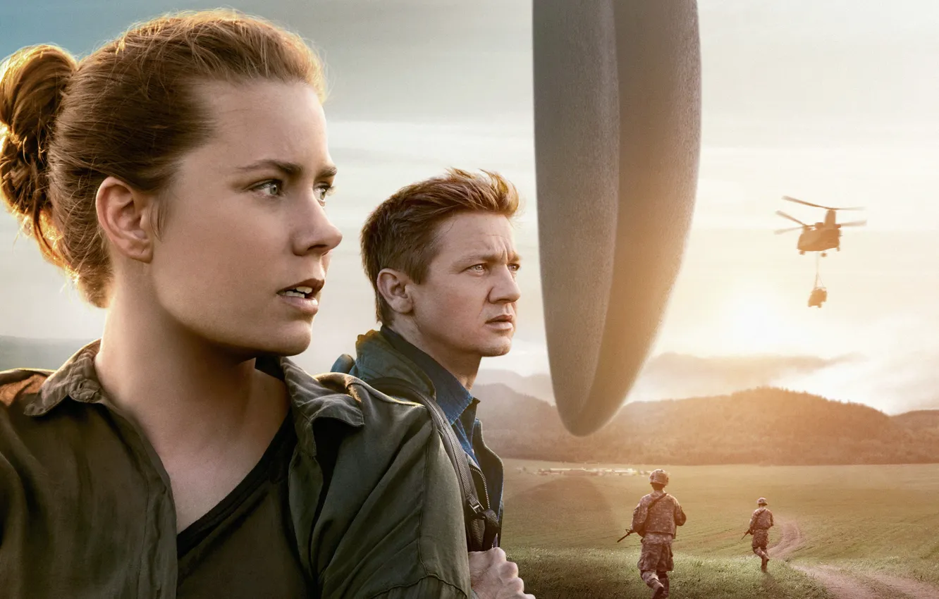 Photo wallpaper field, fiction, collage, helicopter, soldiers, poster, spaceship, aliens, Jeremy Renner, Jeremy Renner, Amy Adams, Amy …