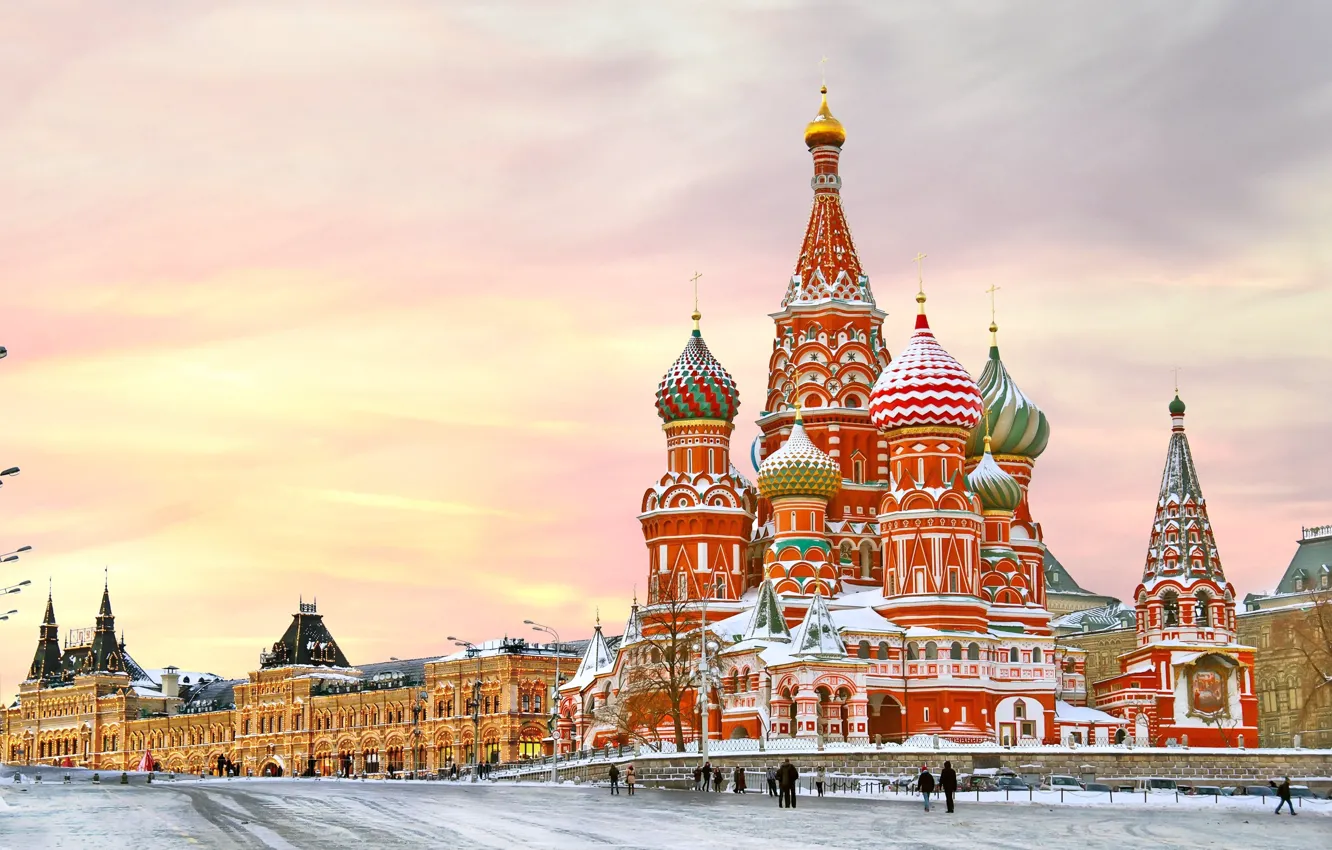 Photo wallpaper winter, snow, city, area, Moscow, The Kremlin, St. Basil's Cathedral, Russia, Russia, Moscow, Kremlin