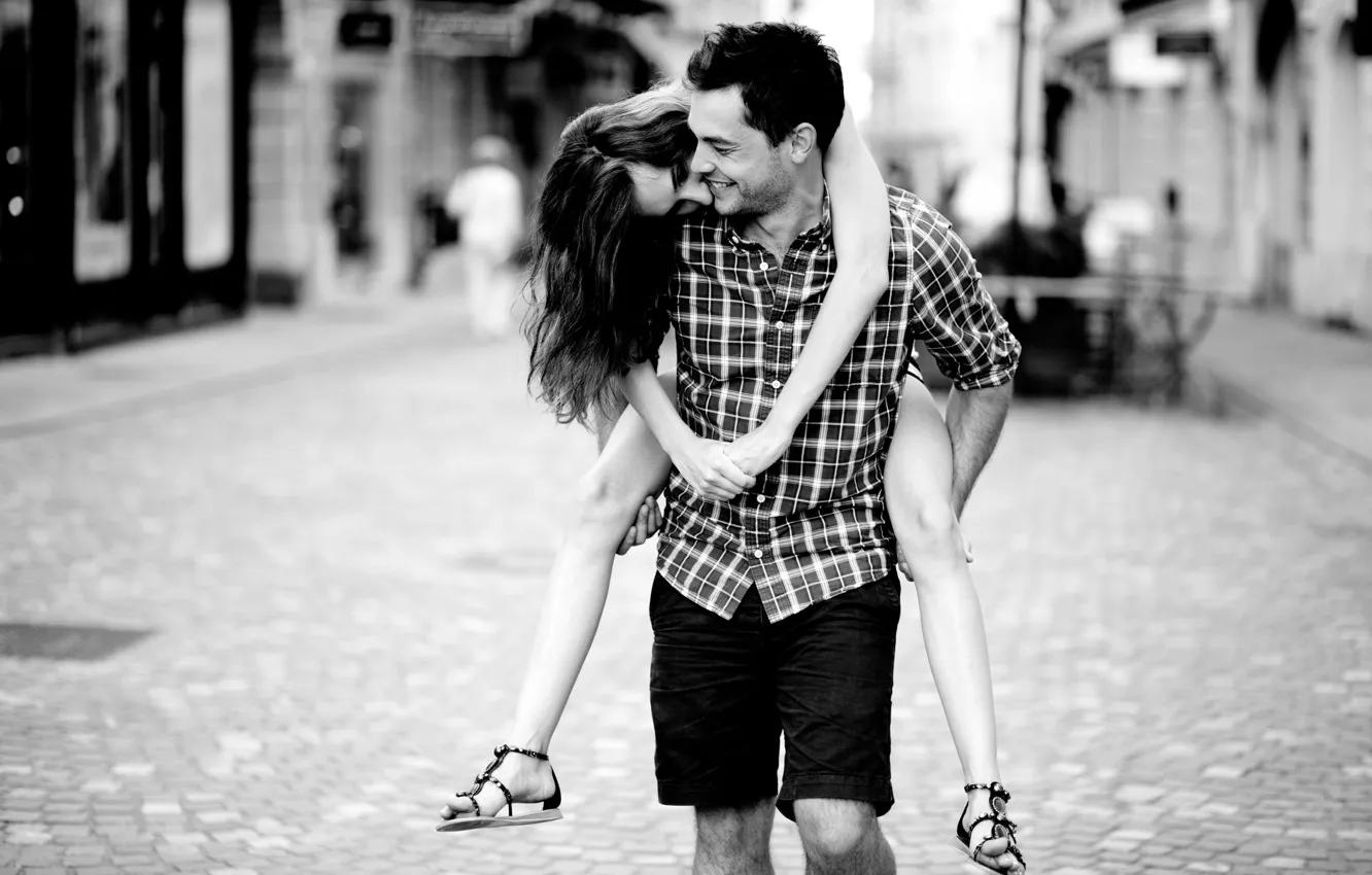 Photo wallpaper girl, love, joy, happiness, smile, background, situation, black and white, street, romance, feelings, laughter, pair, …