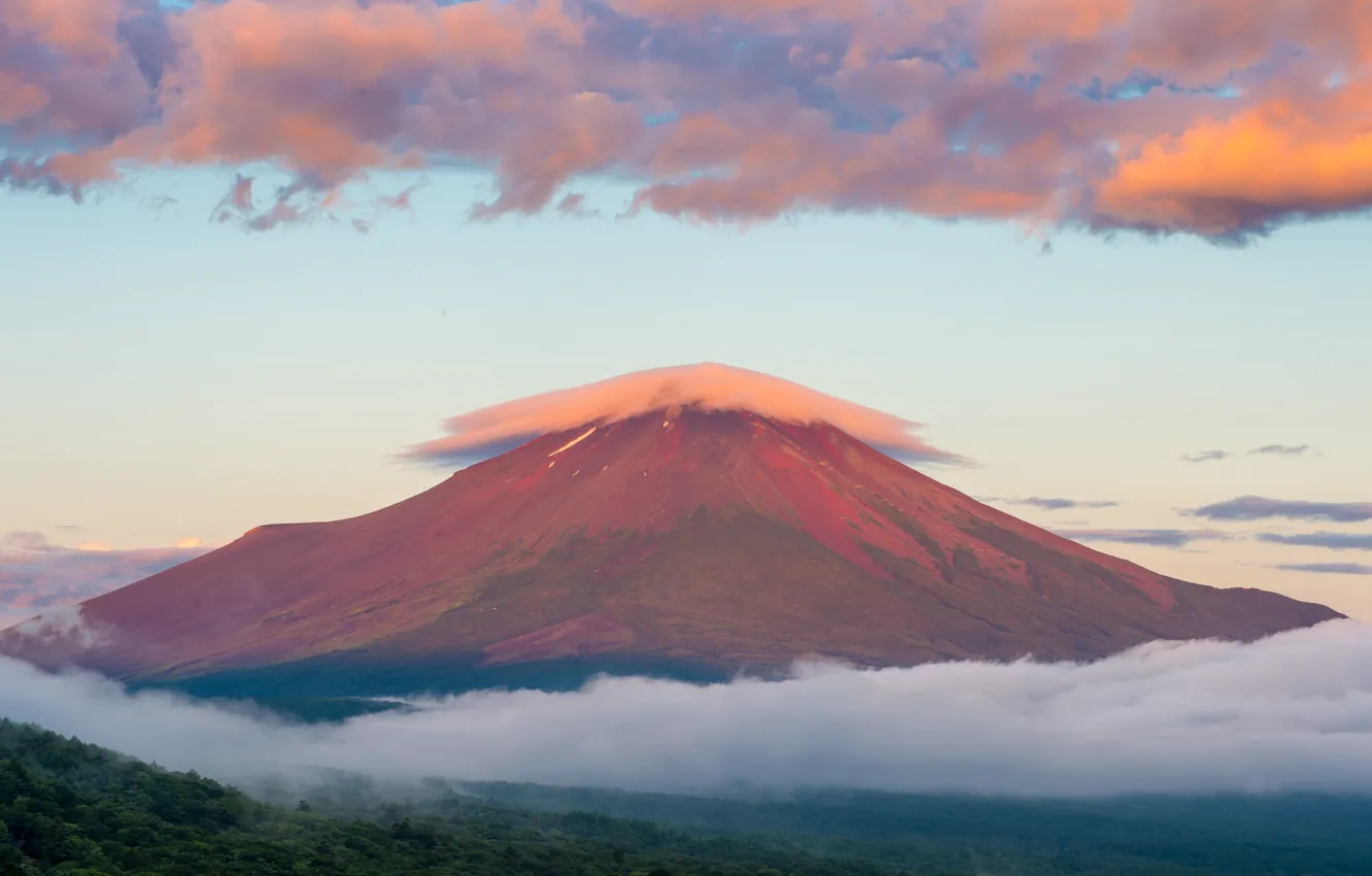 Photo wallpaper summer, the sky, clouds, mountain, morning, Japan, sunrise, Fuji, August, stratovolcano, Mount Fuji, the island …