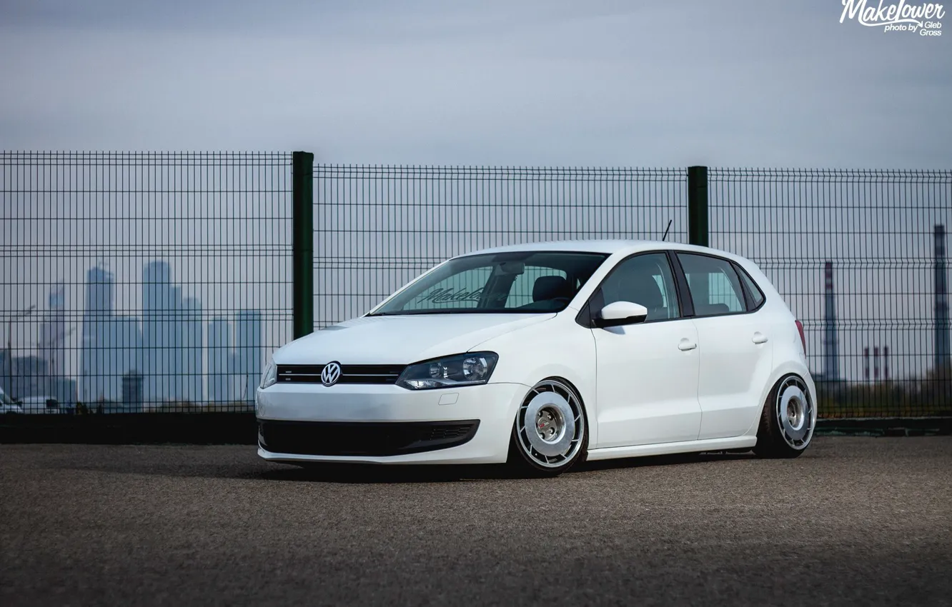 Photo wallpaper volkswagen, white, wheels, tuning, polo, germany, low, stance, Polo, dapper
