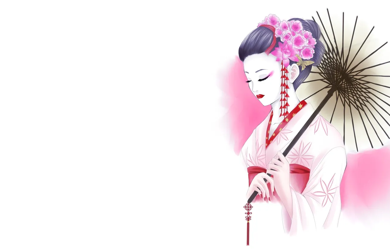 Photo wallpaper girl, flowers, figure, umbrella, art, geisha, white background, kimono
