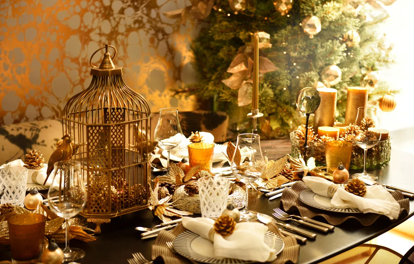 Photo wallpaper decoration, table, balls, candles, New Year, Christmas, holidays, Christmas, balls, holidays, New Year, candles, table, …