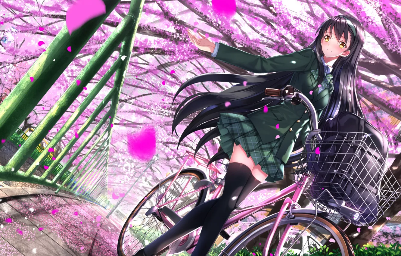 Photo wallpaper girl, trees, bike, anime, petals, Sakura, art, form, schoolgirl, swordsouls
