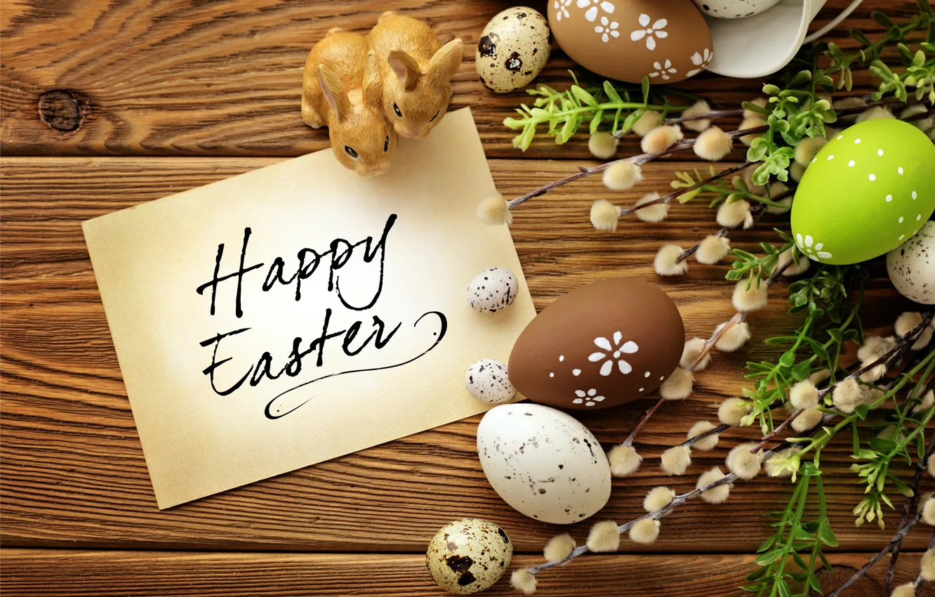 Photo wallpaper eggs, Easter, rabbits, Verba, flowers, spring, Easter, eggs