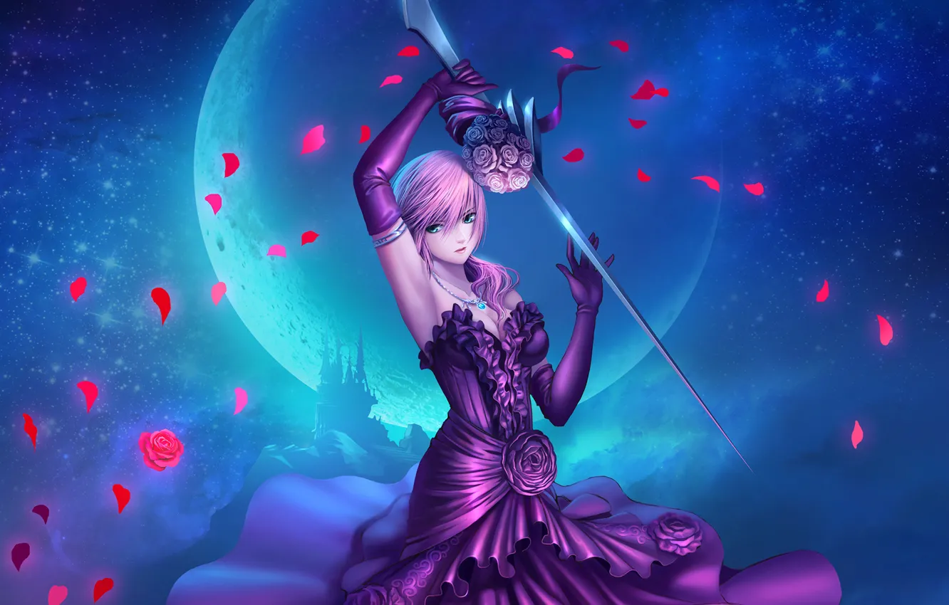 Photo wallpaper girl, night, weapons, the moon, the game, dress, art, Final Fantasy XIII, rose petals
