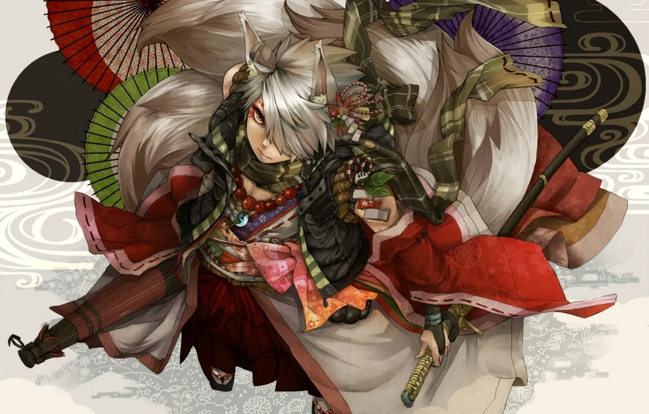 Photo wallpaper Fox, katana, umbrella, scarf, tail, The demon, kimono, amulet, ears