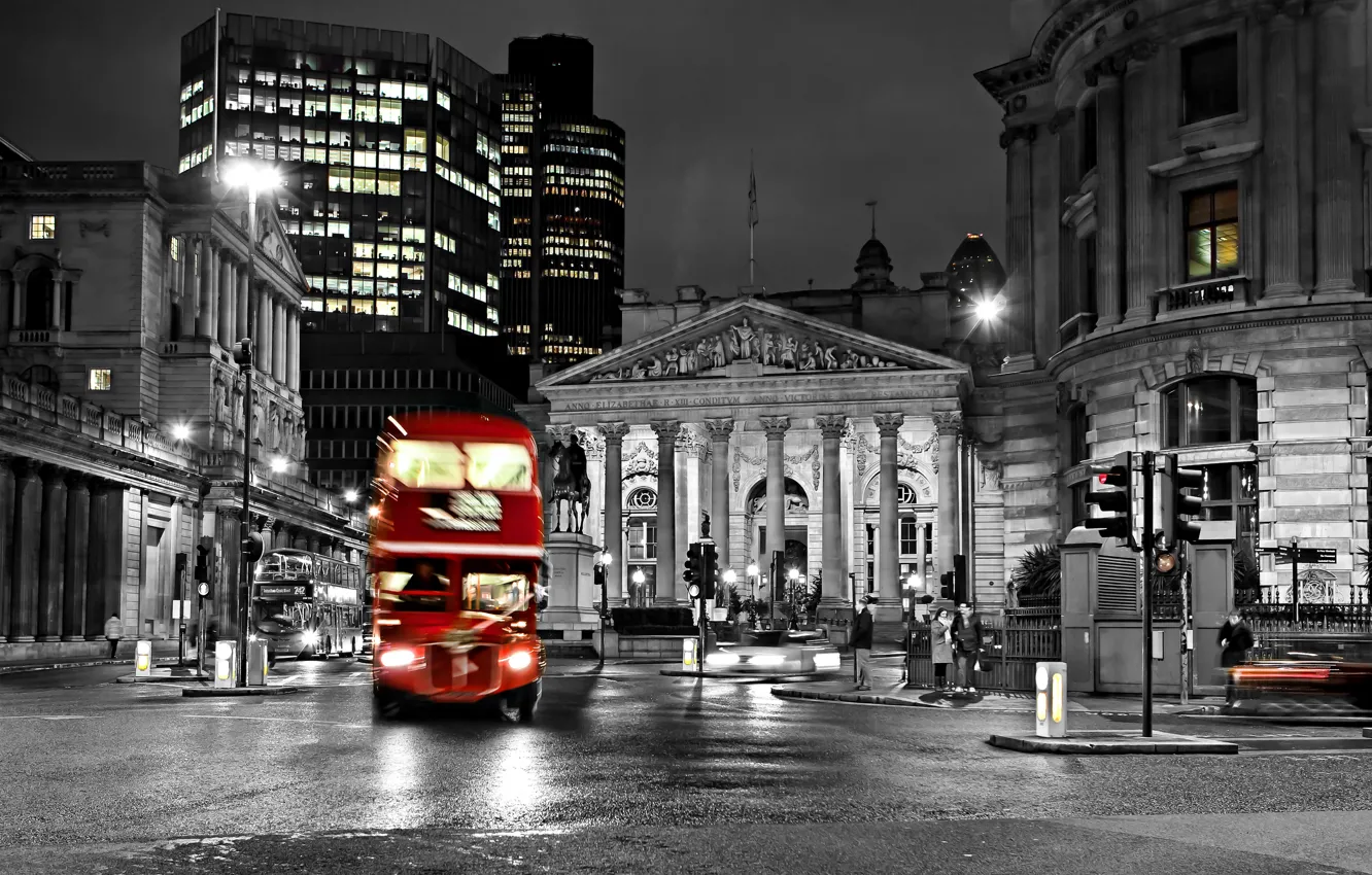 Photo wallpaper road, night, city, the city, lights, lights, black and white, street, England, London, blur, bus, …