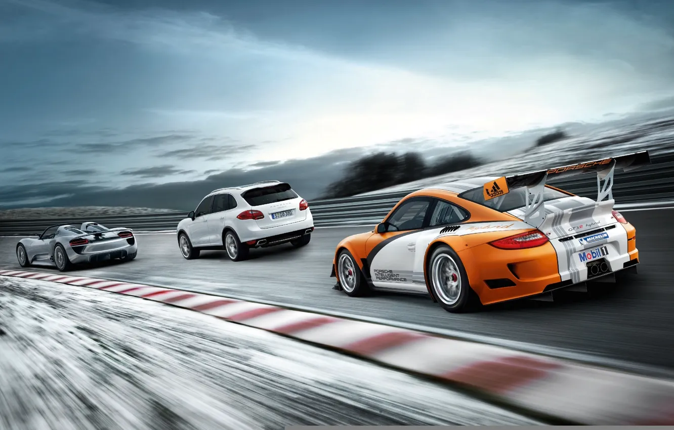 Photo wallpaper road, machine, mix, three, sports car, Porsche, different
