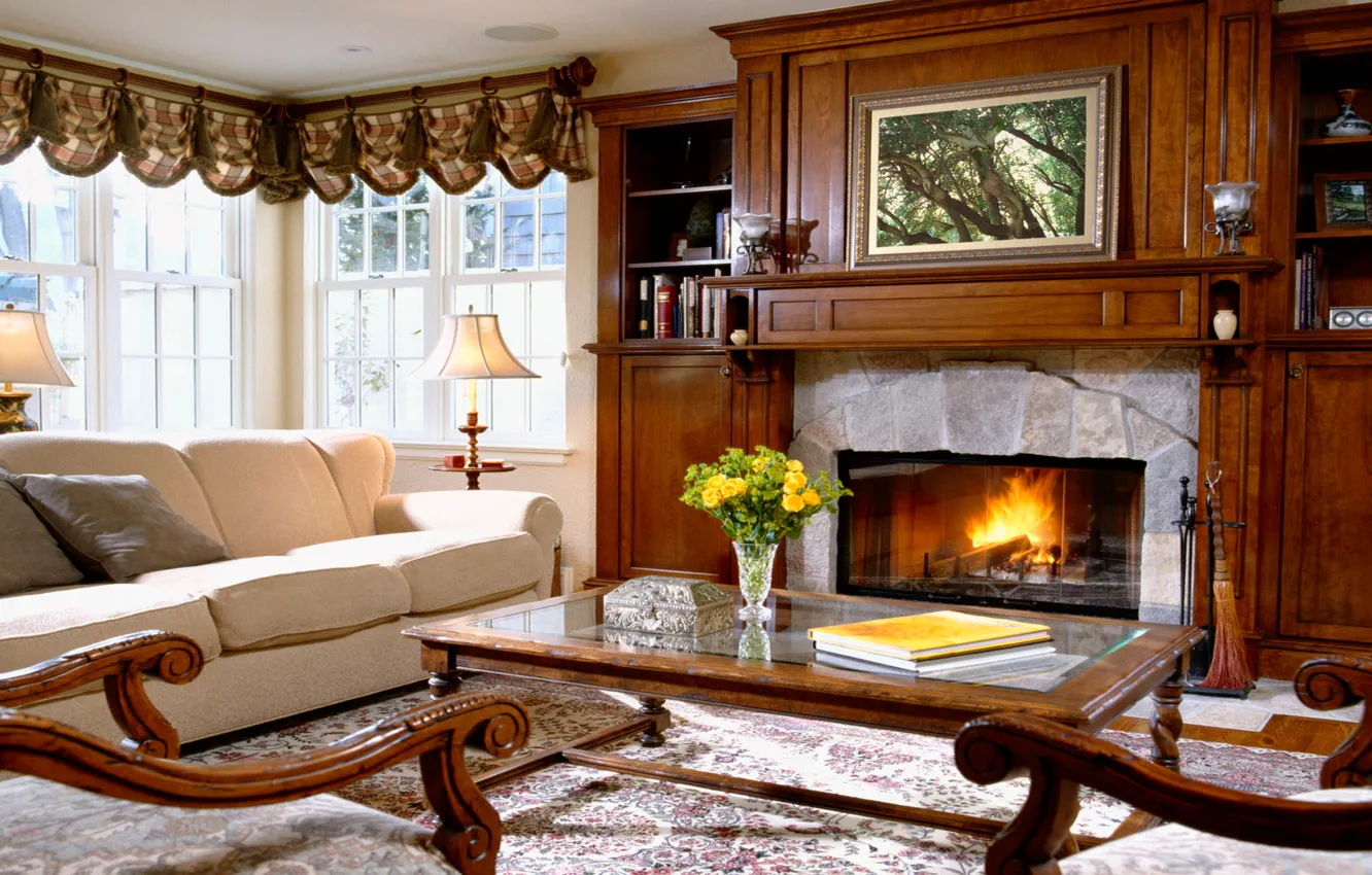 Photo wallpaper comfort, house, style, room, sofa, furniture, interior, fireplace