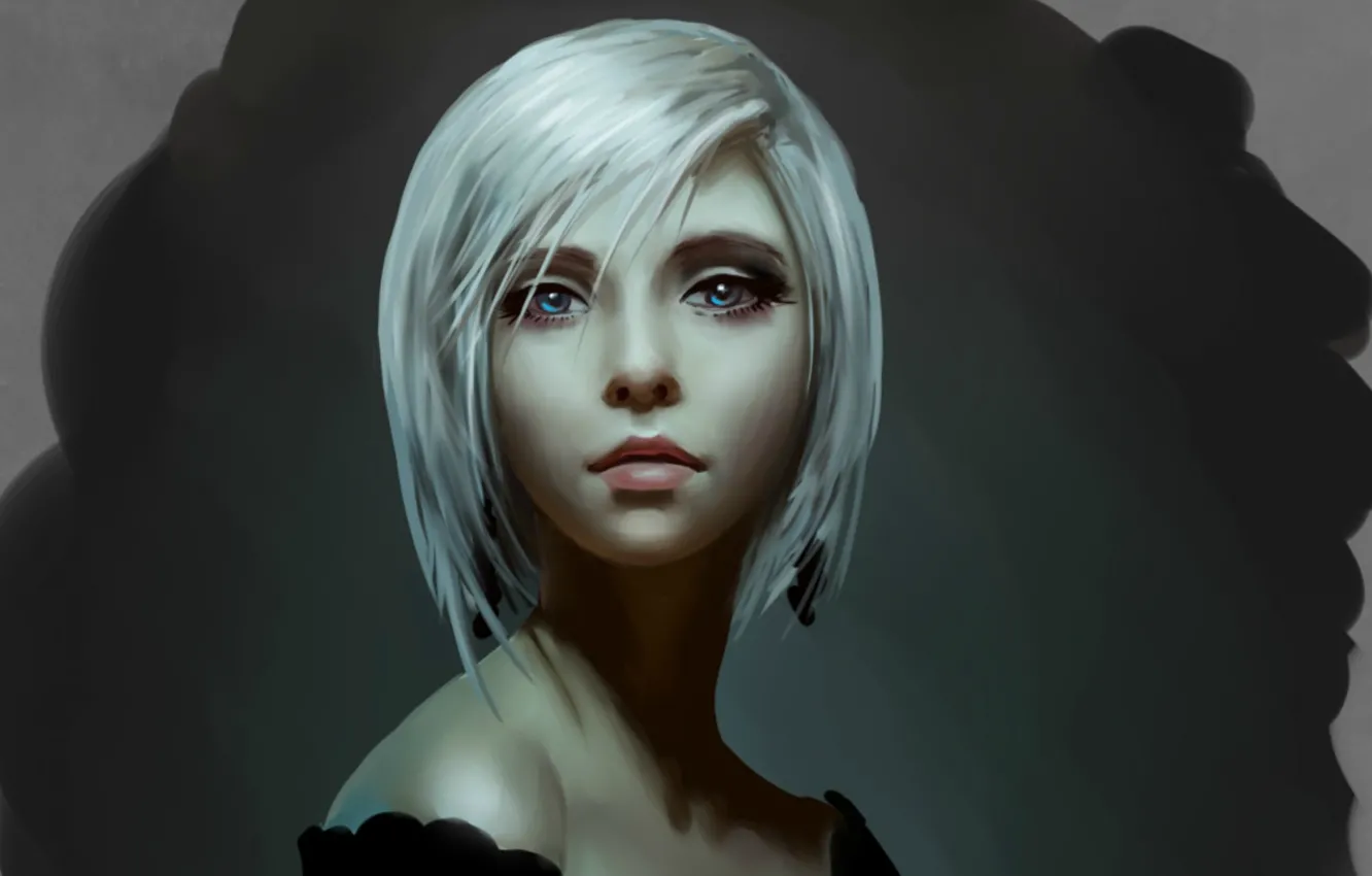 Photo wallpaper face, portrait, blue eyes, grey background, white hair