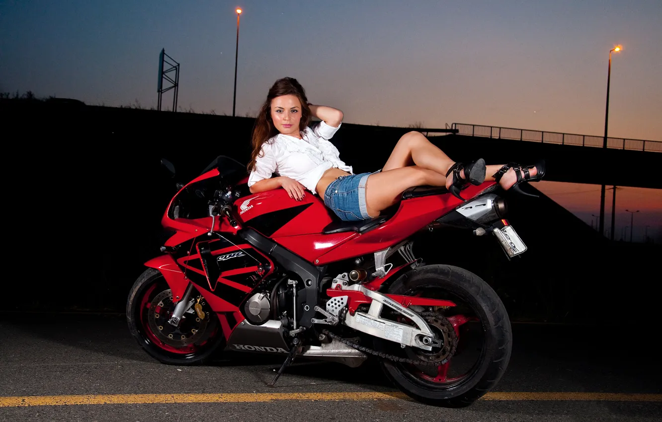 Wallpaper road, red, Girl, the evening, shoes, brown hair, legs, Honda  motorcycle images for desktop, section девушки - download