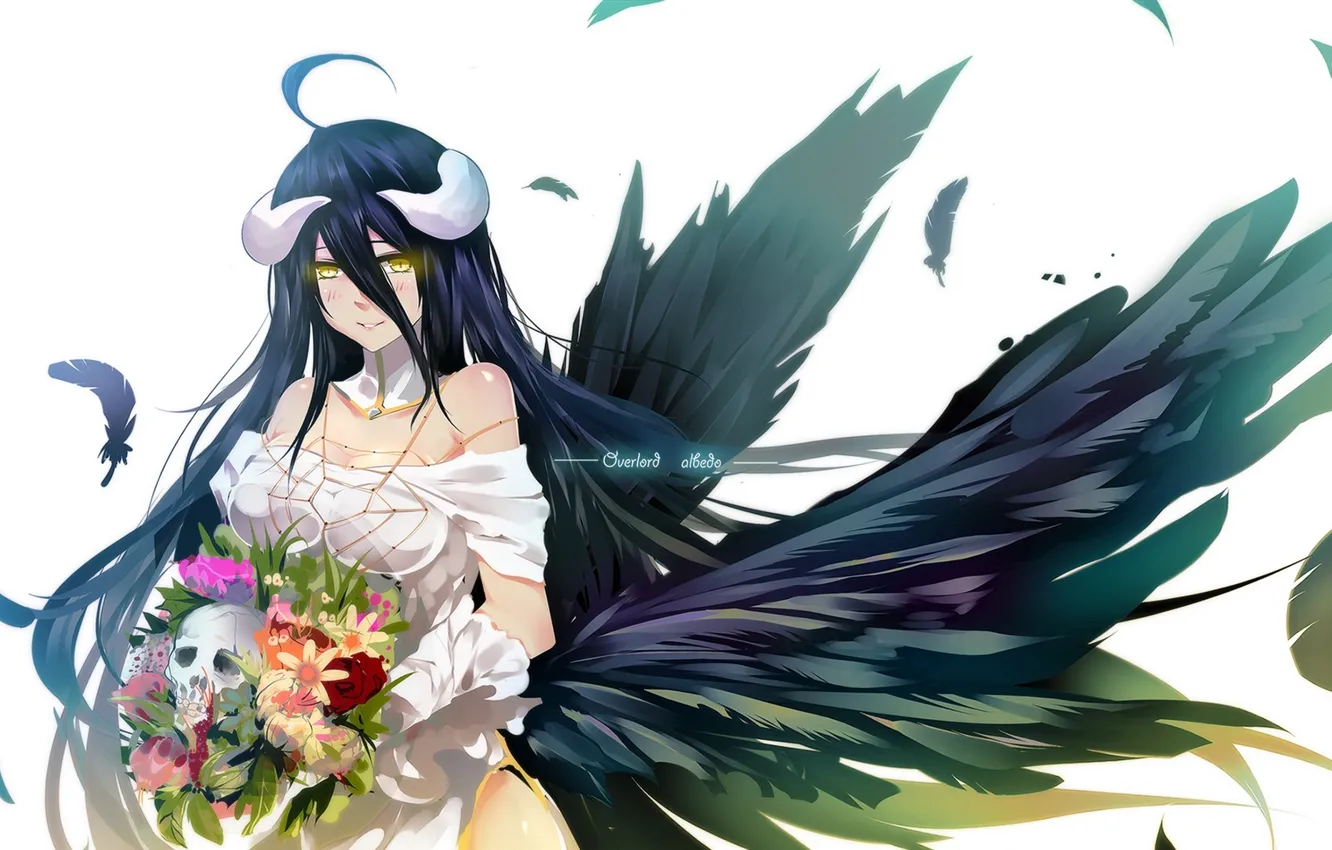Photo wallpaper girl, flowers, smile, bouquet, anime, art, horns, bba biao, albedo, overlord