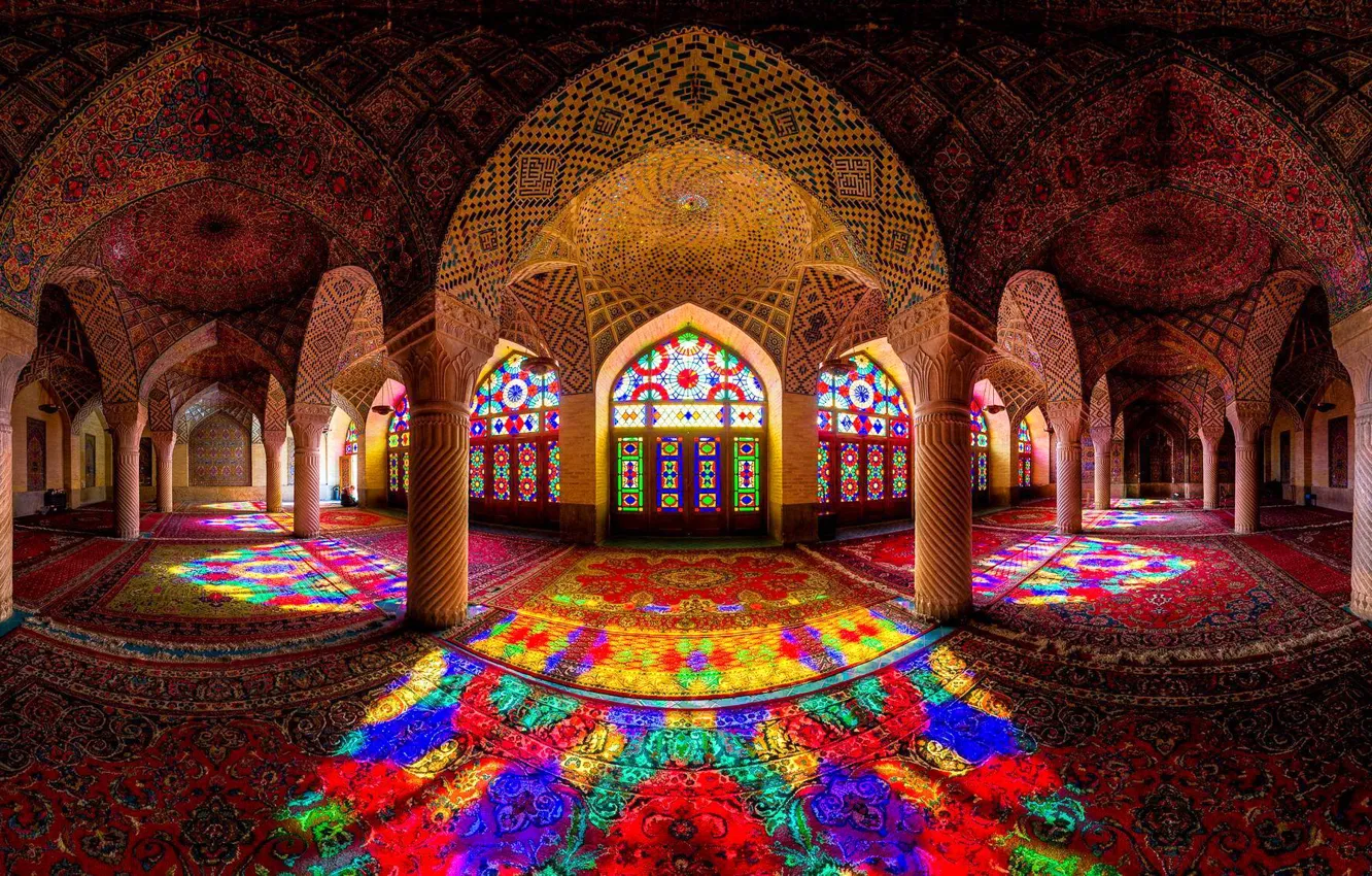Photo wallpaper light, pattern, carpet, color, columns, stained glass, hall