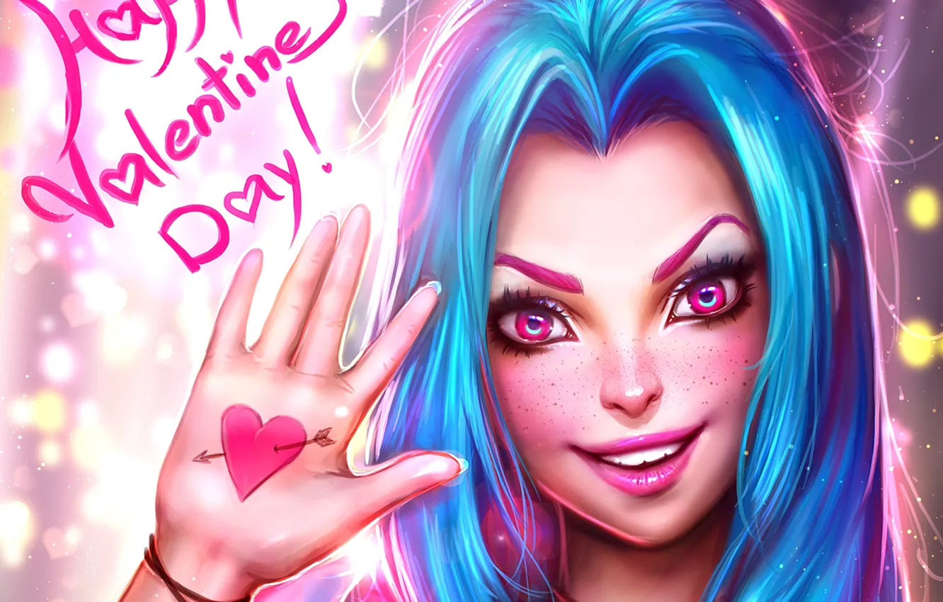 Photo wallpaper girl, face, smile, holiday, hair, beauty, art, lol, valentine's day, League of Legends, Happy Valentine's …