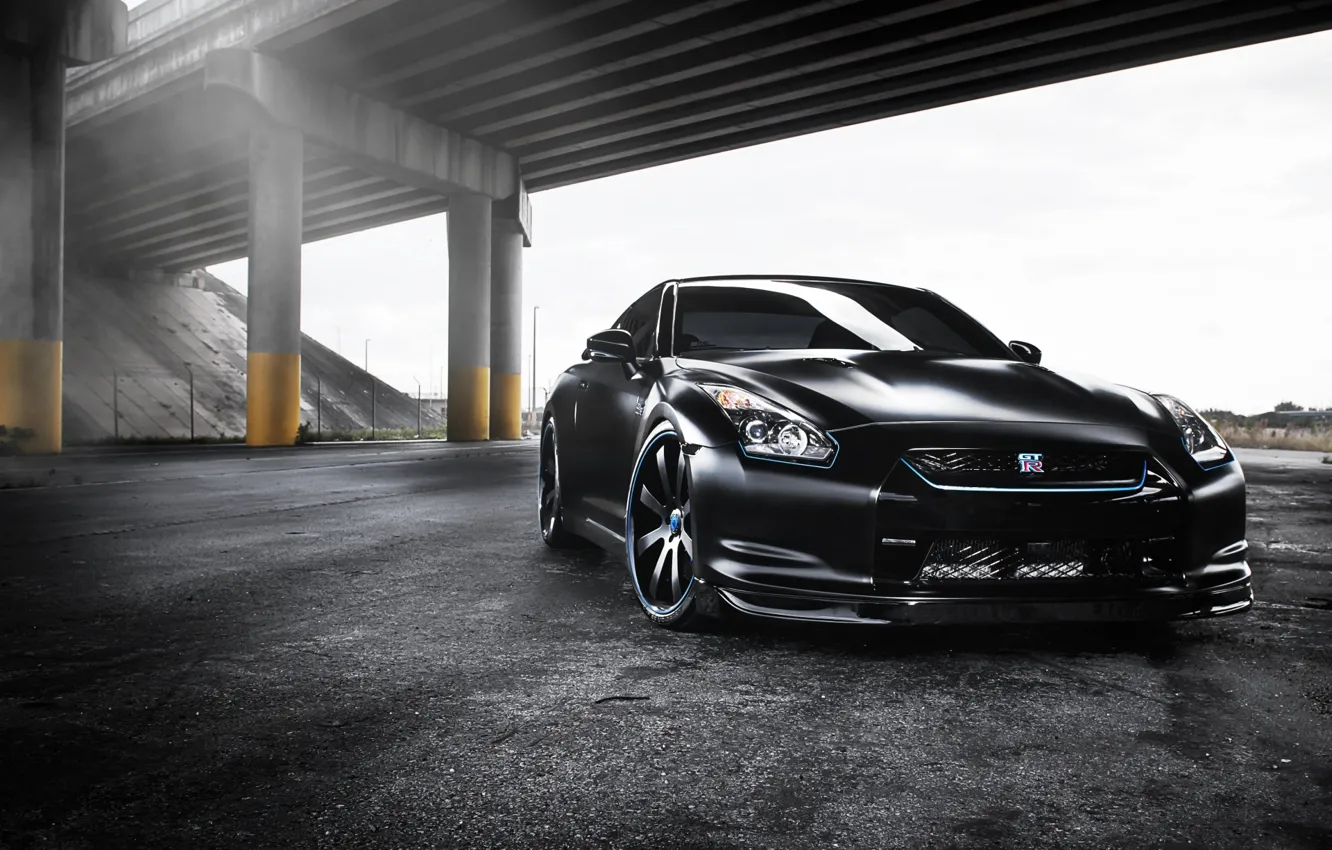 Photo wallpaper black, tuning, overpass, GTR, supercar, Nissan, Nissan, tuning, the front, gtr, R-35, R-35