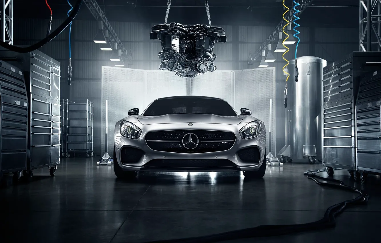 Photo wallpaper Mercedes-Benz, Front, AMG, Color, Silver, Engine, Workshop, 2016, GT S