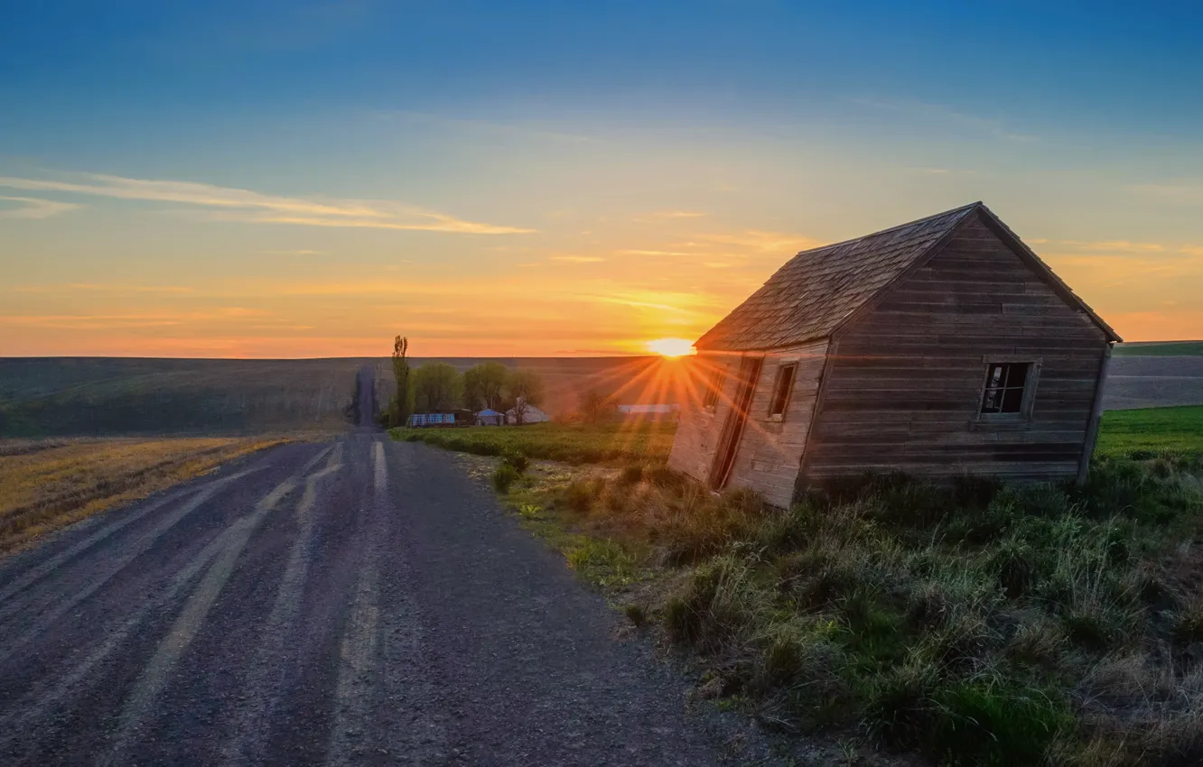 Photo wallpaper road, sunset, house