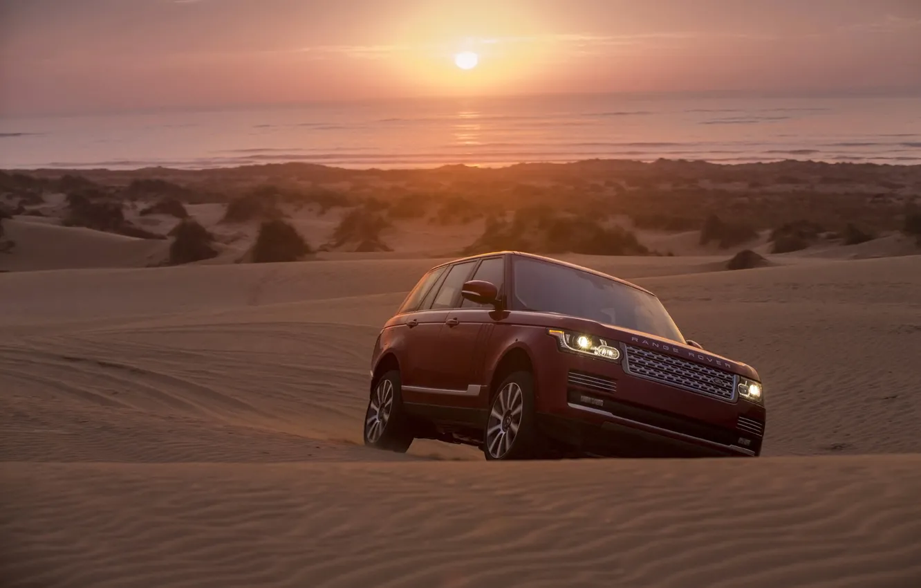 Photo wallpaper sand, sunset, background, horizon, jeep, Land Rover, Range Rover, the front, Range Rover, Land Rover