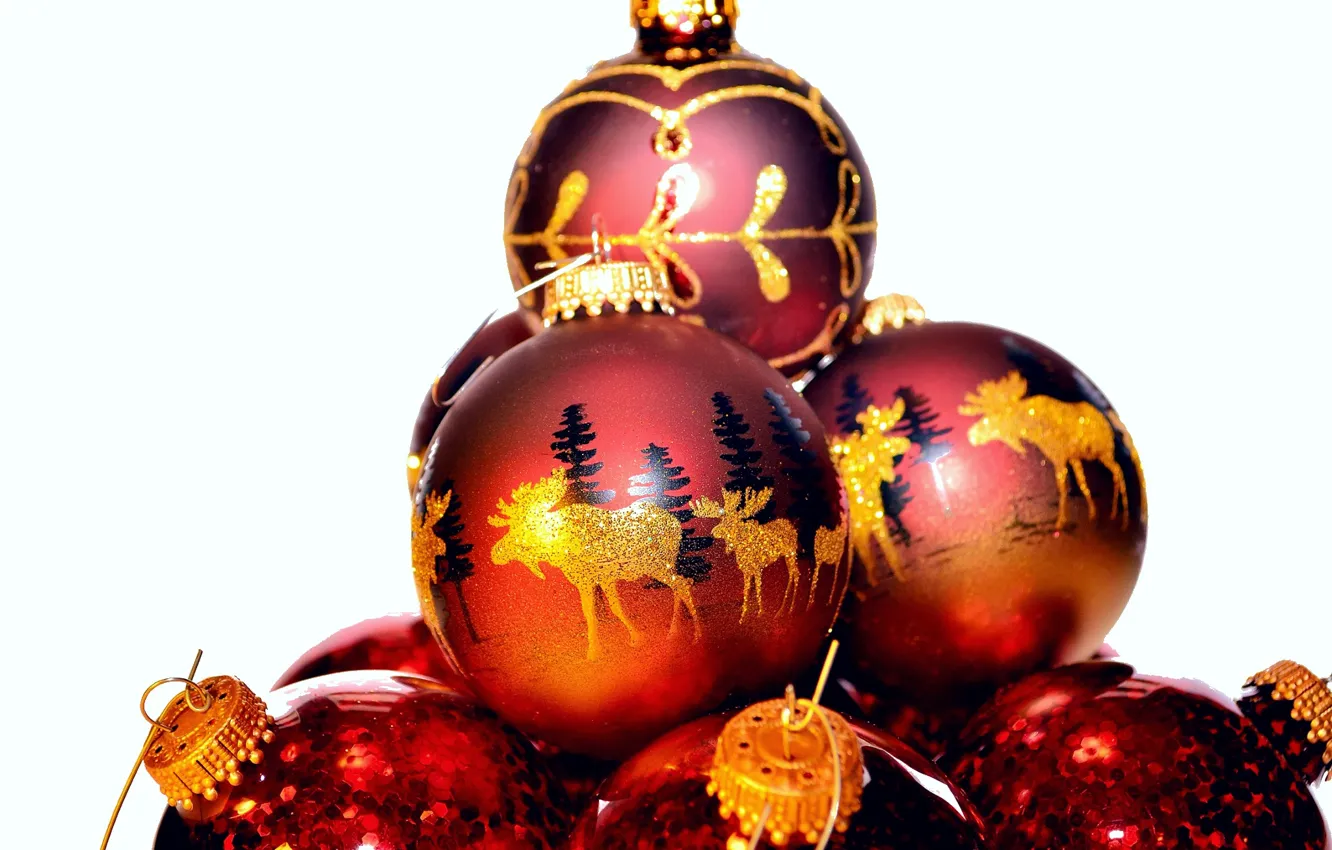 Photo wallpaper balls, balls, pattern, toys, red, moose, Christmas