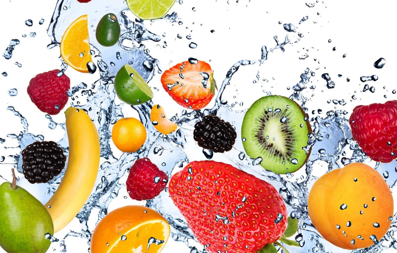 Wallpaper water, drops, squirt, freshness, raspberry, lemon, kiwi,  strawberry, lime, lemon, fruit, banana, apricot, fresh, mint, water images  for desktop, section еда - download