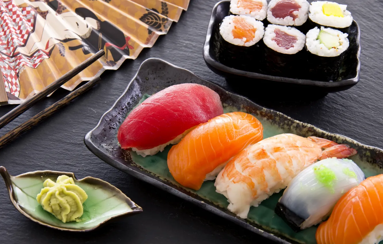 sushi, rolls, shrimp, wasabi, salmon