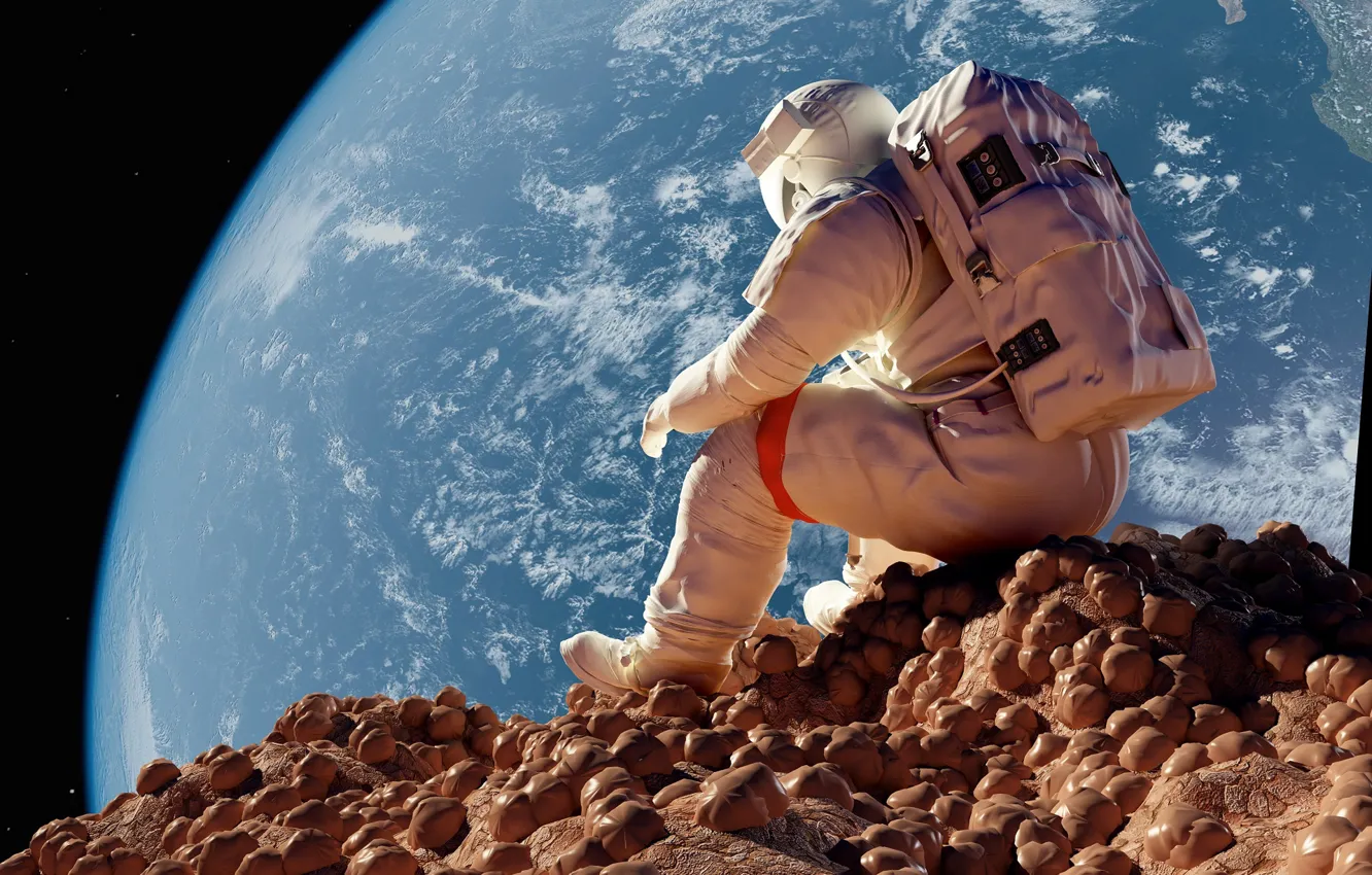 Photo wallpaper stones, the situation, astronaut, The moon, Earth, sitting, astronaut, astronaut