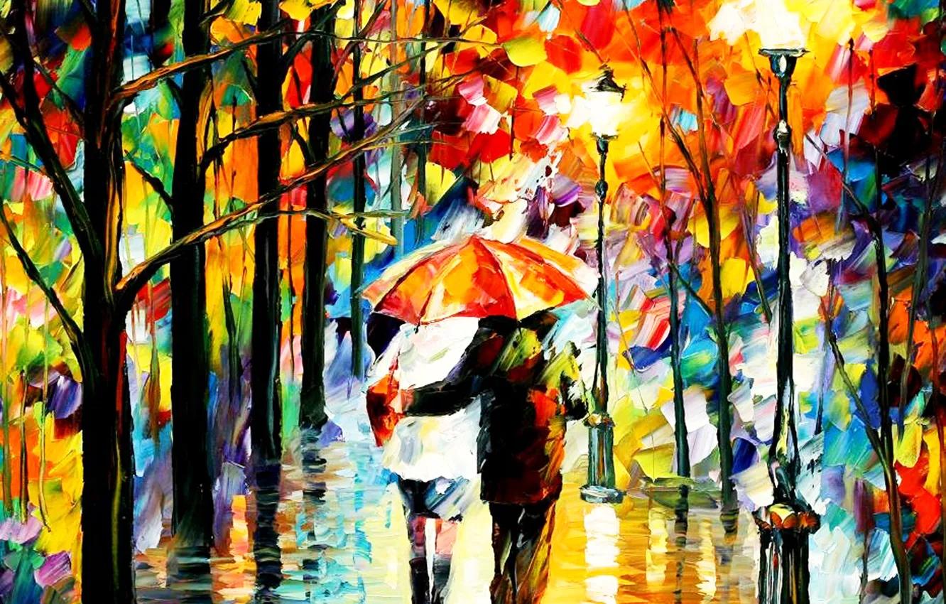 Photo wallpaper autumn, lights, Park, rain, picture, umbrella, pair, lantern, lovers, alley, Leonid Afremov, genre