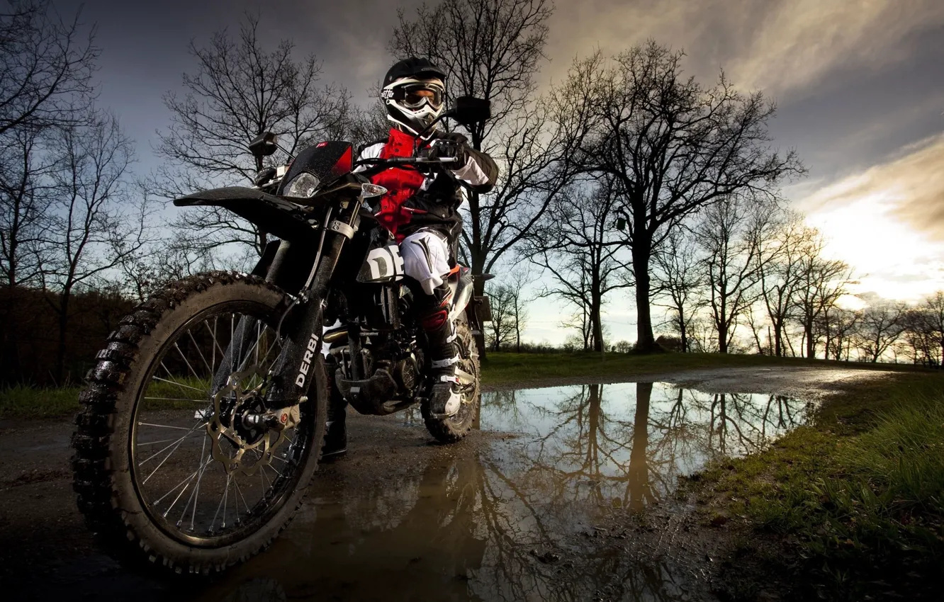 Photo wallpaper road, nature, puddle, motorcycle