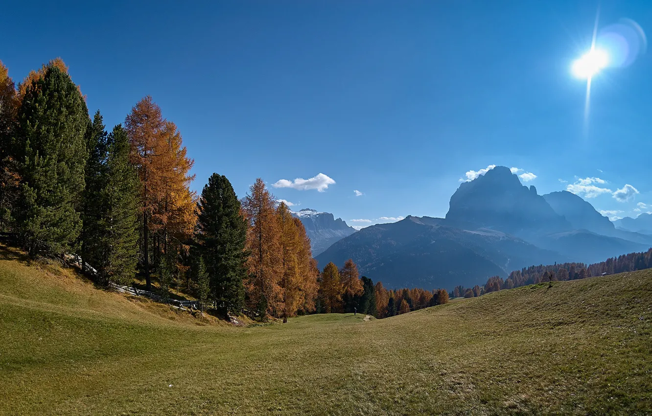 Photo wallpaper autumn, forest, the sky, the sun, trees, mountains, slope, Alps, Italy, South Tyrol, The Dolomites, …