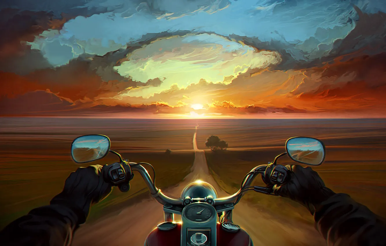 Photo wallpaper road, clouds, trees, sunset, hands, art, motorcycle, bike