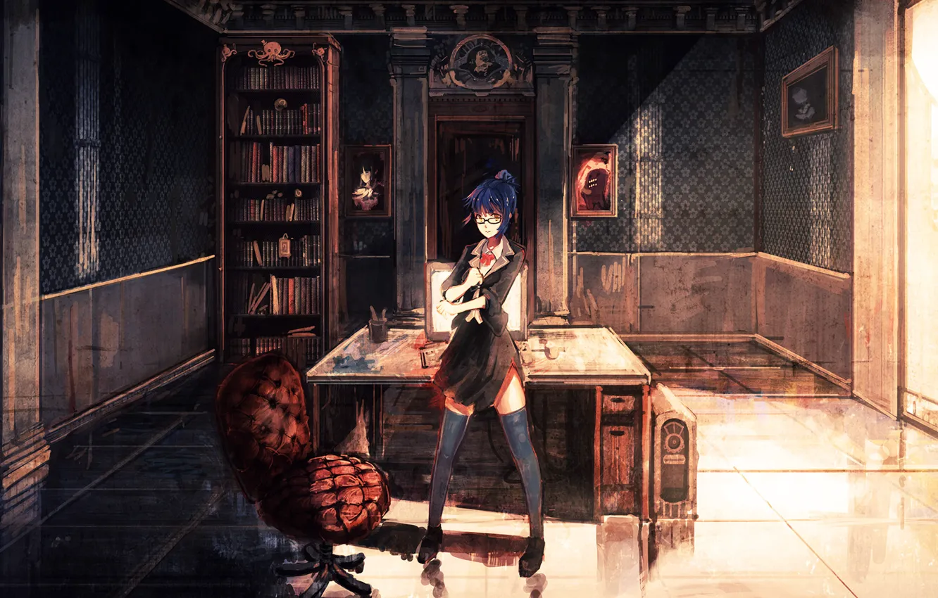 Wallpaper computer, girl, light, table, room, books, skull, anime, mouse,  the door, window, art, glasses, chair, pictures, keyboard images for desktop,  section арт - download