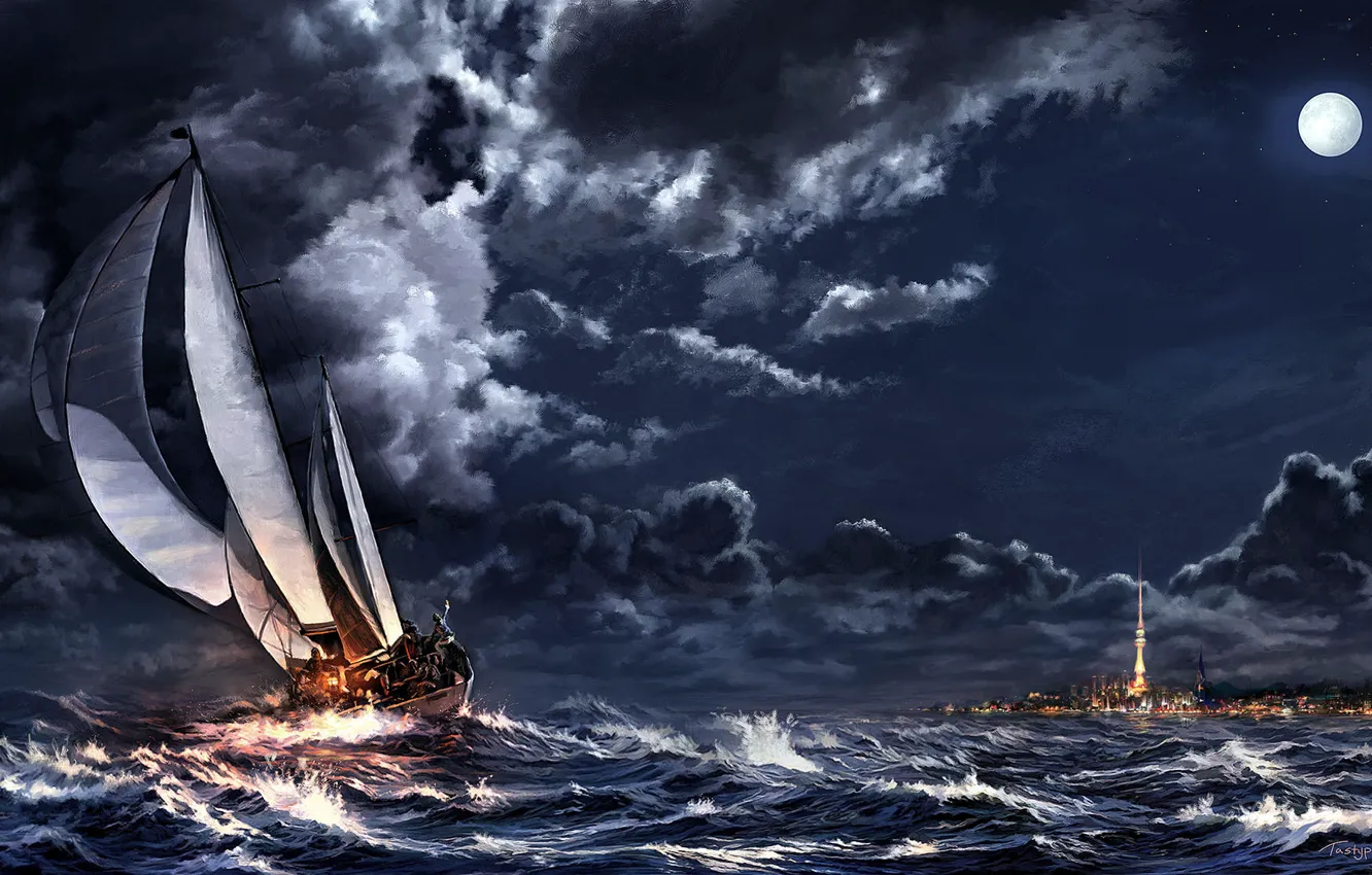 Photo wallpaper sea, clouds, night, clouds, storm, the city, the moon, ship, sailboat, art, spire
