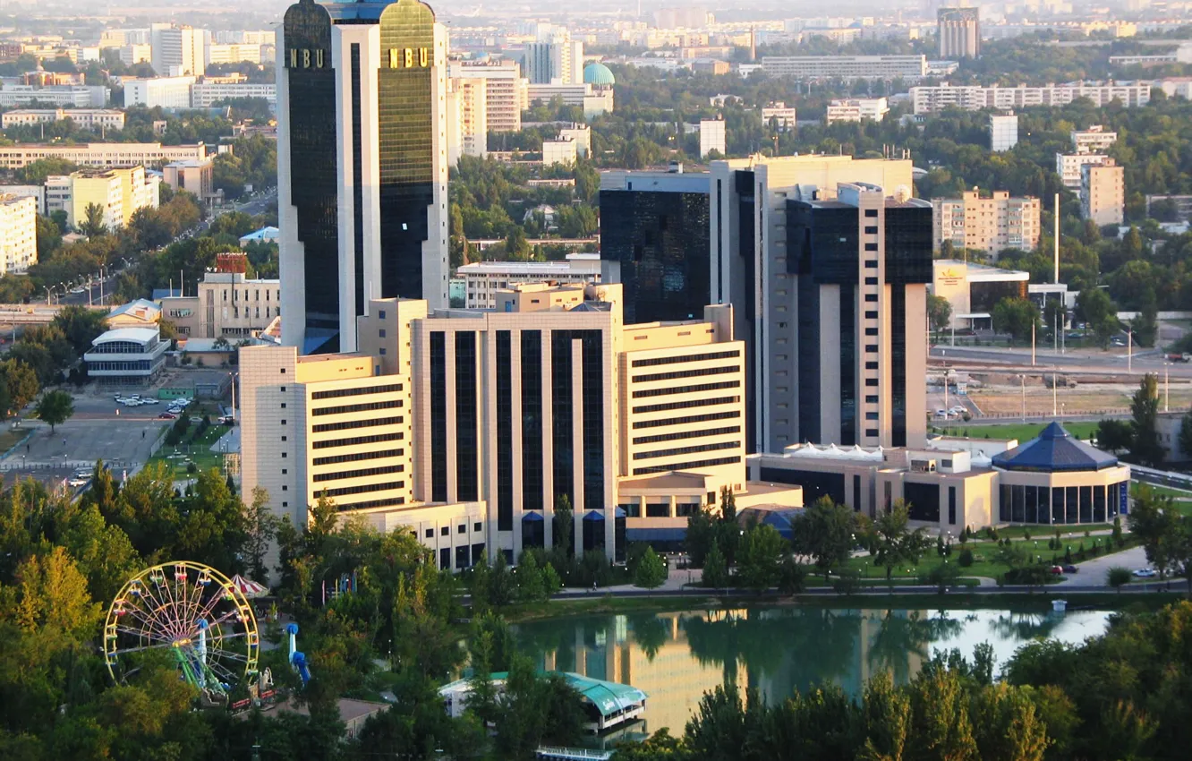 Photo wallpaper trees, the city, building, capital, business centre, Uzbekistan, Tashkent